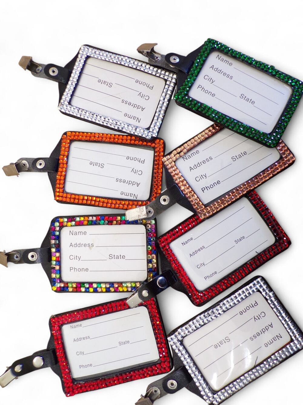 Rhinestone Luggage Tags ID Holders with Clips Lot of 8 Assorted Colors